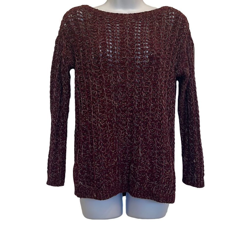 LOFT Burgundy White Marled Loose Weave Pullover Sweater Small Petite Cozy Comfy